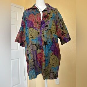 Vintage Abstract Multicolor Button-Up Shirt with Purple & Blue Accents. Size M.